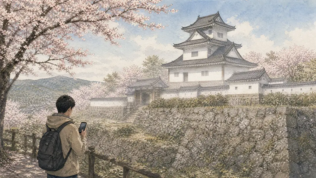 城跡でスマートフォンを使い、復元された城のイメージを見る旅行者