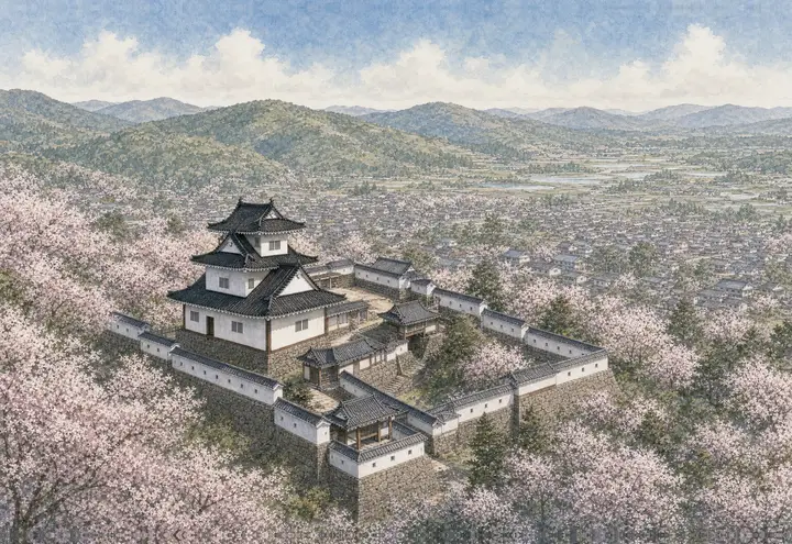三春城と城下町を見渡す歴史的景観のイメージイラスト
