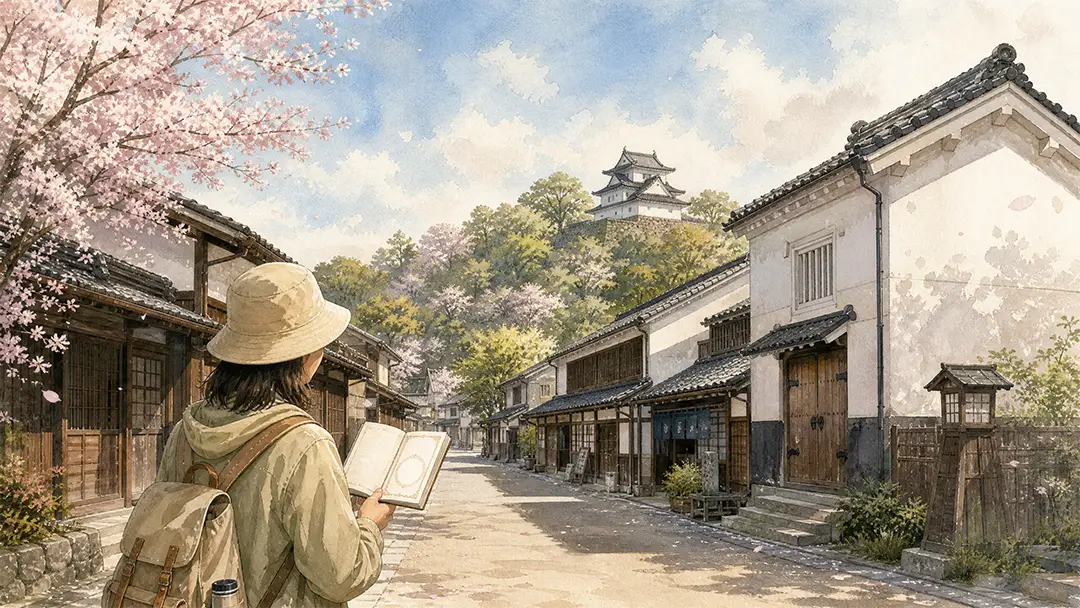 歴史を記した冊子を手に城下町を歩く旅人を描いたイメージイラスト